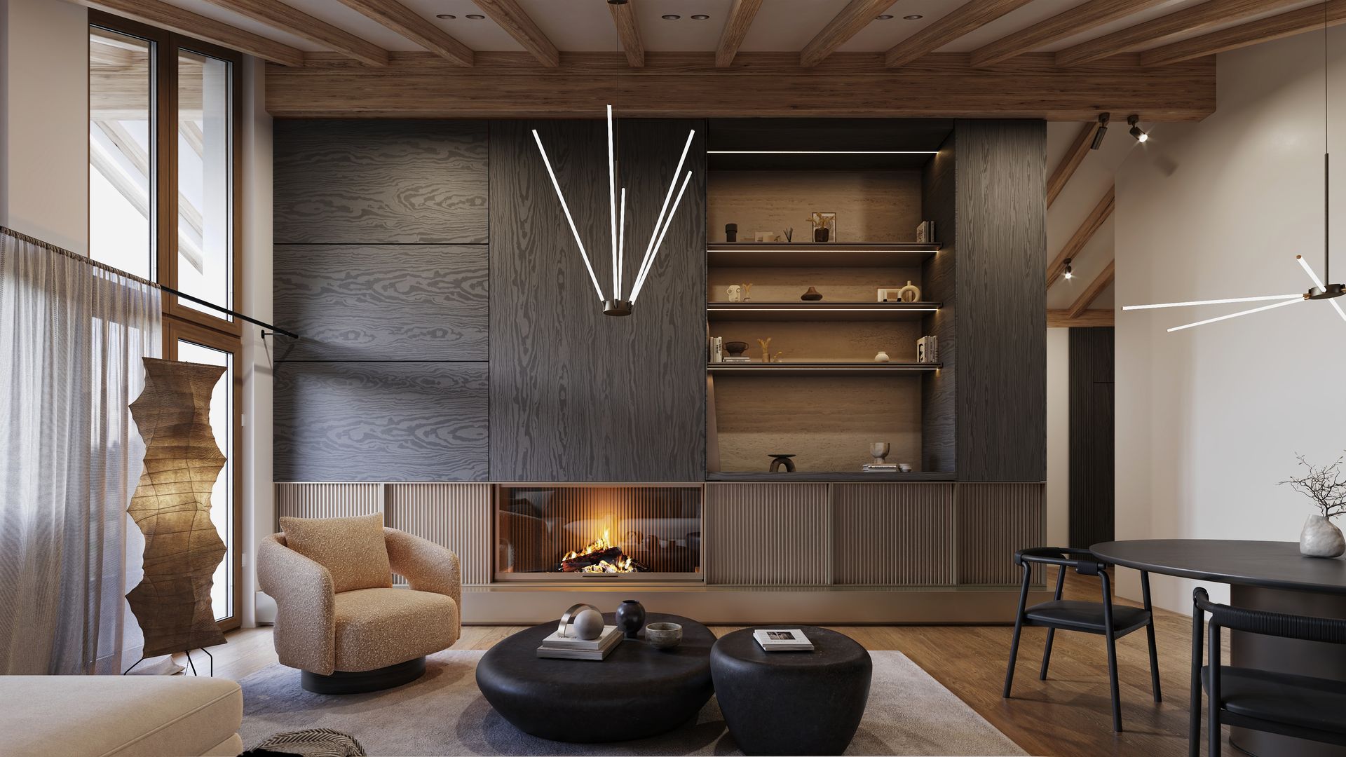 living room interior with fireplace, designed by hormigon.